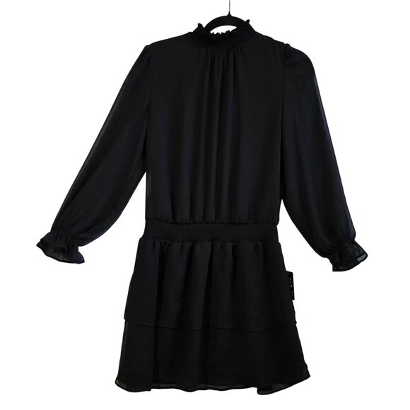 Express Layered Ruffle Mini Dress Womens Small Black Sheer Smocked Neck Waist - Picture 4 of 12